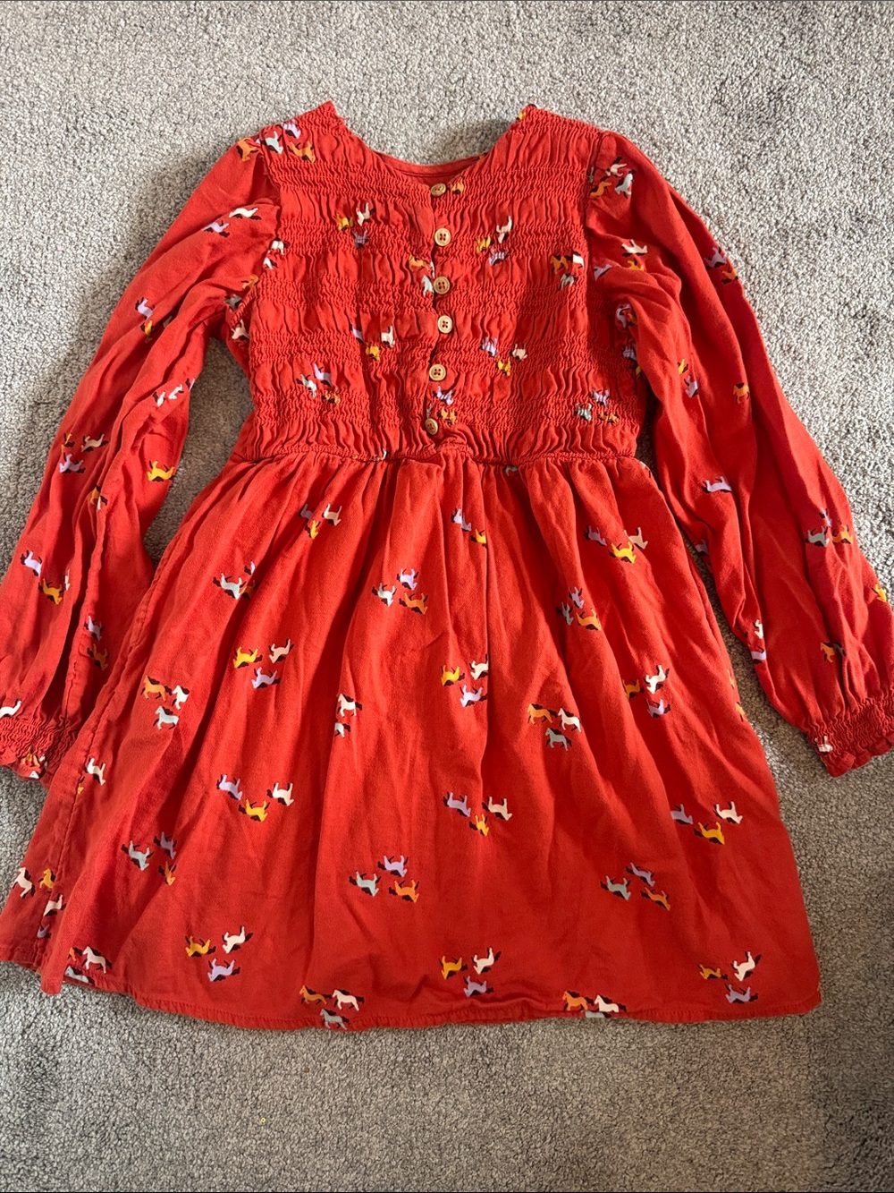 Cat & Jack Red Long-Sleeve Smocked Dress with Multicolor Horse Print